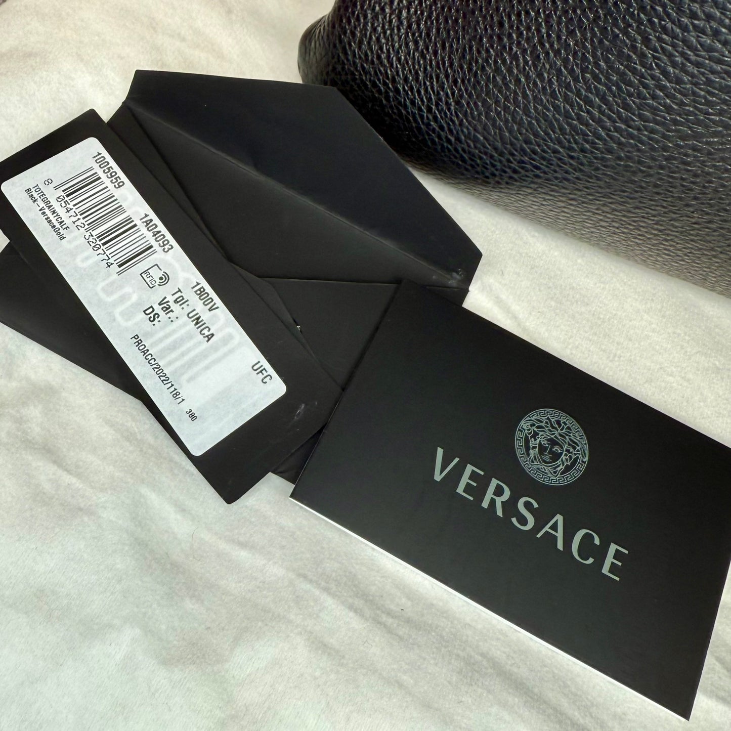 NEW!! VERSACE Black Grainy Calf Leather Virtus Tote Bag