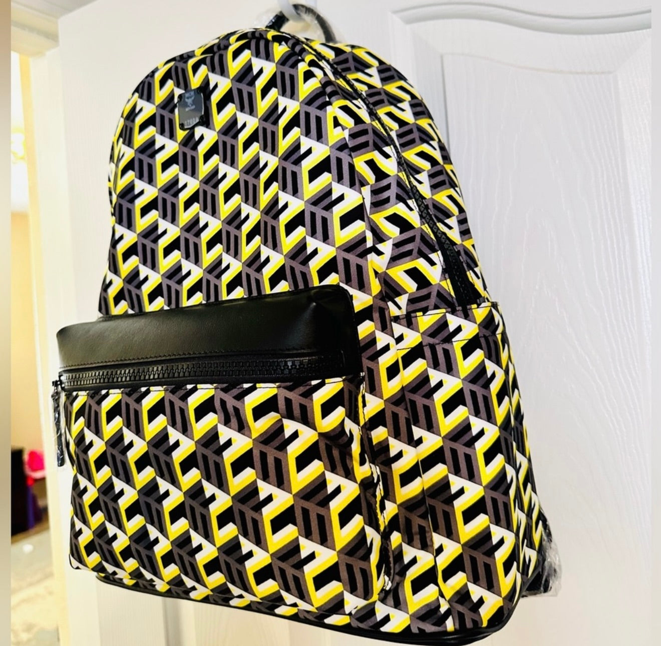 NEW! Unisex MCM Medium Stark Black & Yellow Cubic Logo Backpack