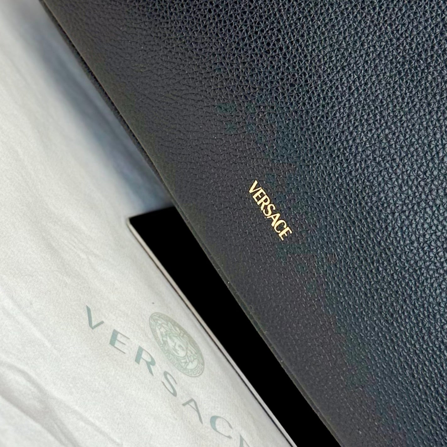 NEW!! VERSACE Black Grainy Calf Leather Virtus Tote Bag