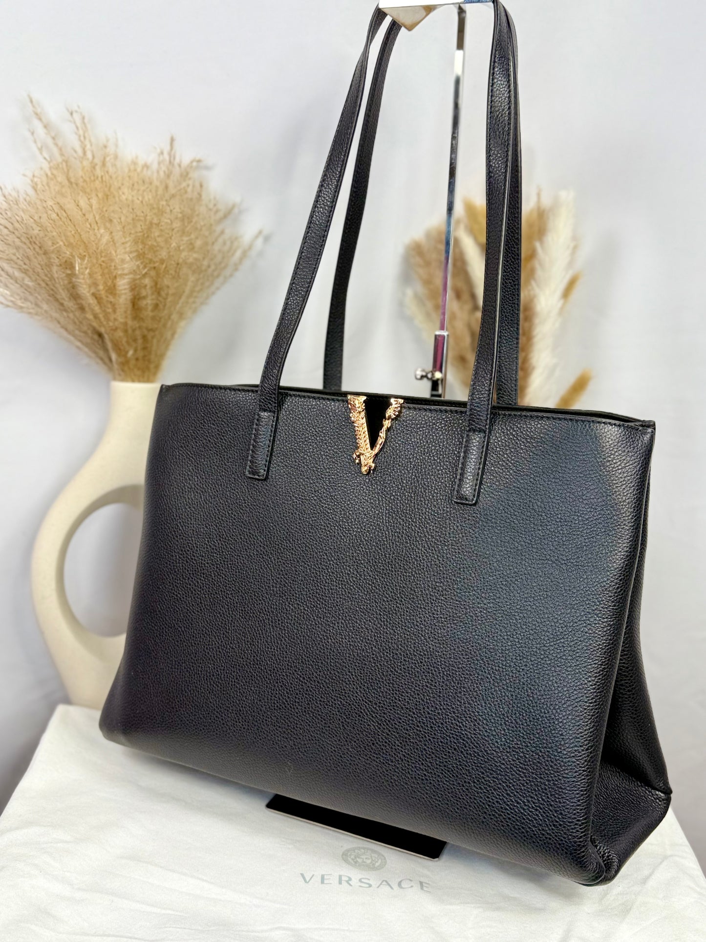 NEW!! VERSACE Black Grainy Calf Leather Virtus Tote Bag