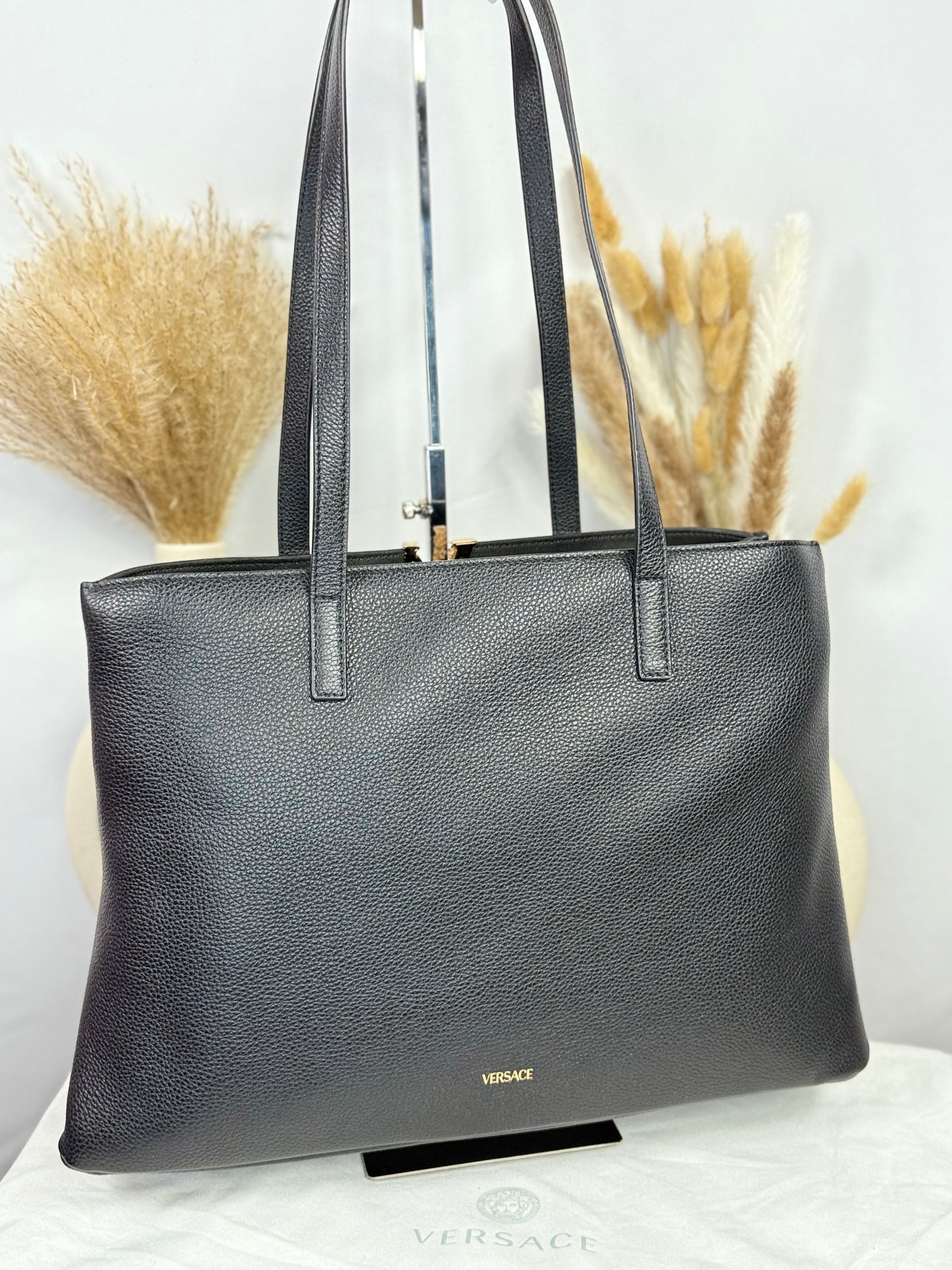 NEW!! VERSACE Black Grainy Calf Leather Virtus Tote Bag