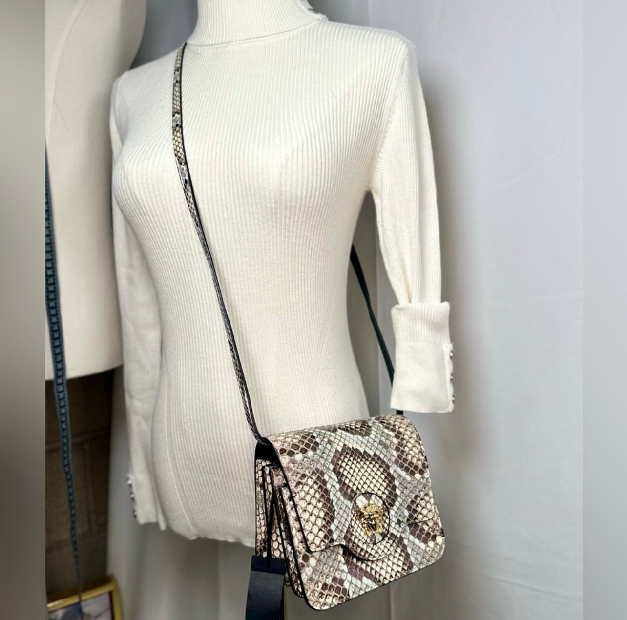 New Versace Genuine Iridescent Python & Leather Medusa Head Crossbody Bag