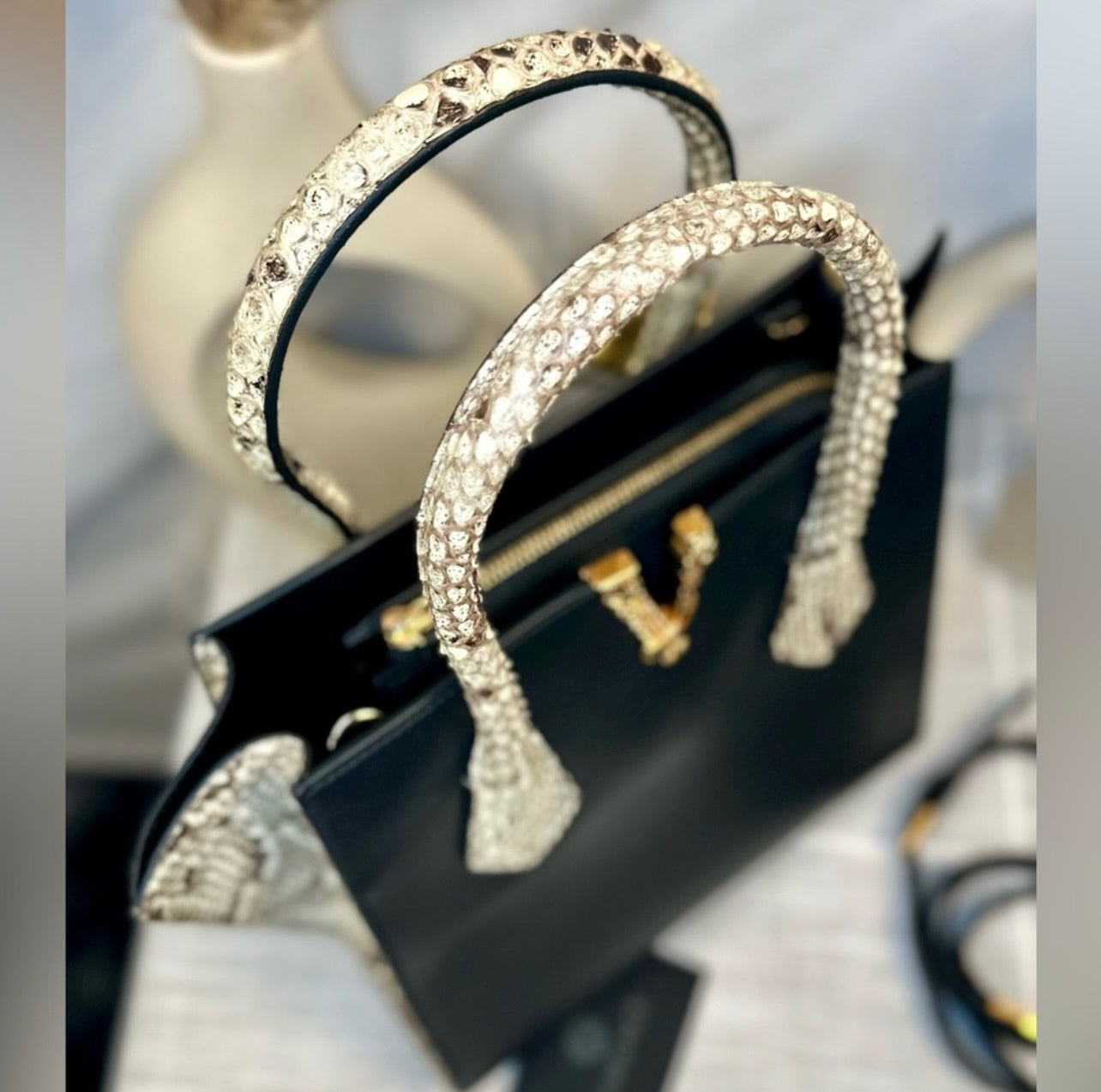 New VERSACE Medium Virtus Calf Leather & Python Handbag