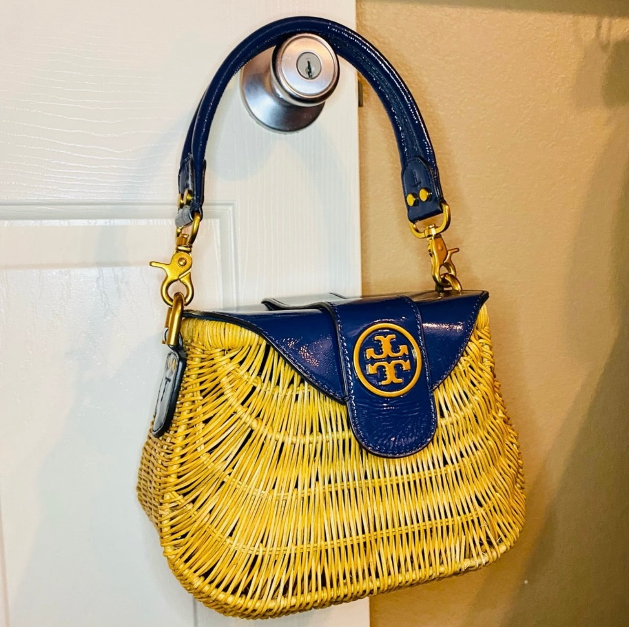 Tory Burch Navy Blue Patent Leather & Lacquered Rattan Basket Bag