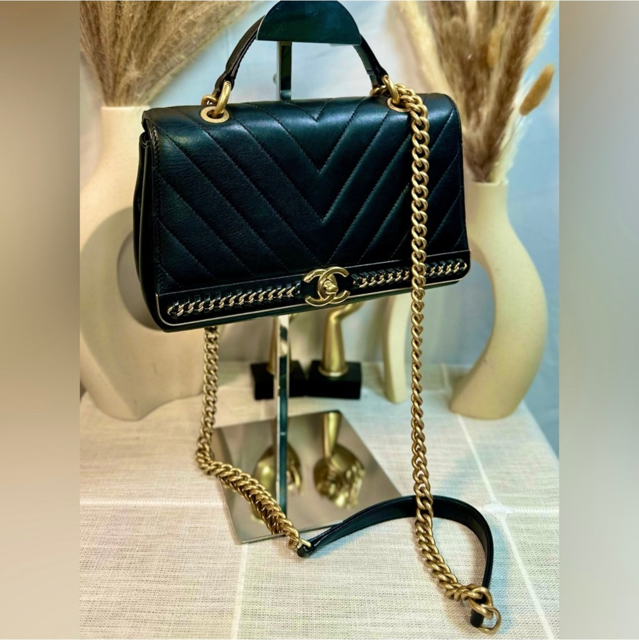 CHANEL 2Way Black Chevron Stitched Leather Top Handle Shoulder Bag