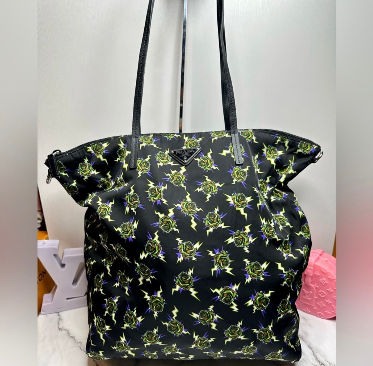 New Limited Edition Prada x Frankenstein Rose Print Nylon Convertible Shopper Tote Bag