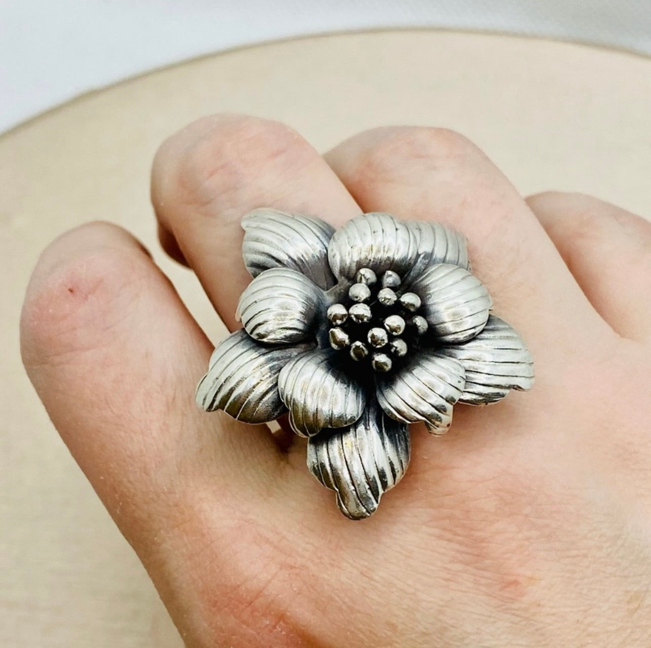 Vintage Oversized 925 Sterling Silver The Bloom Flower Design Adjustable Ring