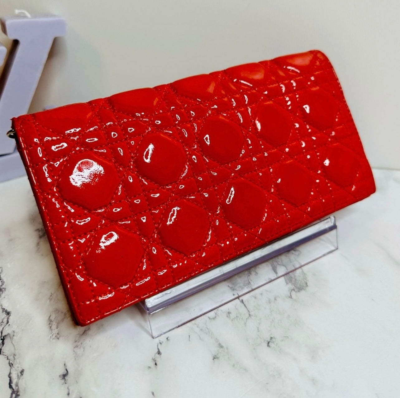 DIOR Coral Red Quilted Cannage Patent Calfskin Leather Lady Dior Chain Clutch