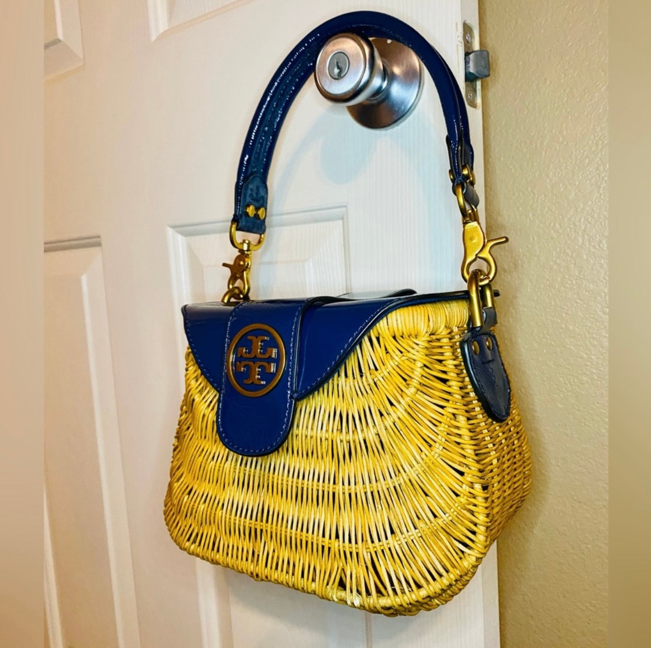 Tory Burch Navy Blue Patent Leather & Lacquered Rattan Basket Bag