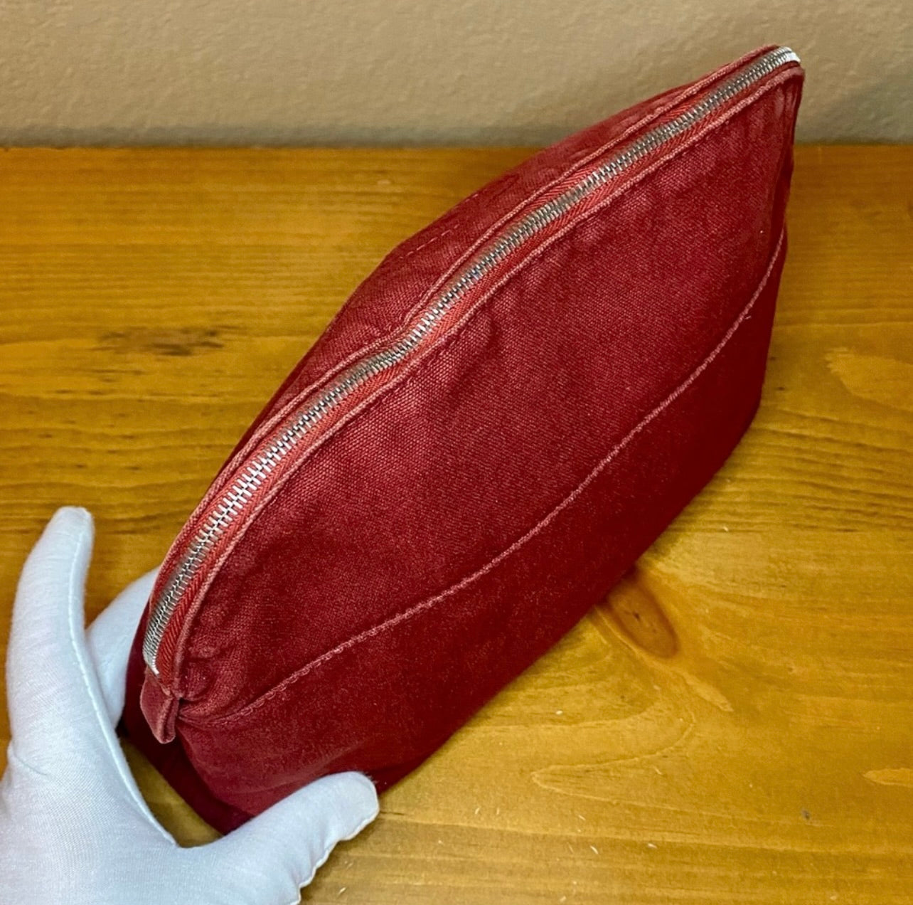 Vintage HERMES Brink Red Canvas & Leather Bolide Cosmetic Pouch Purse MM