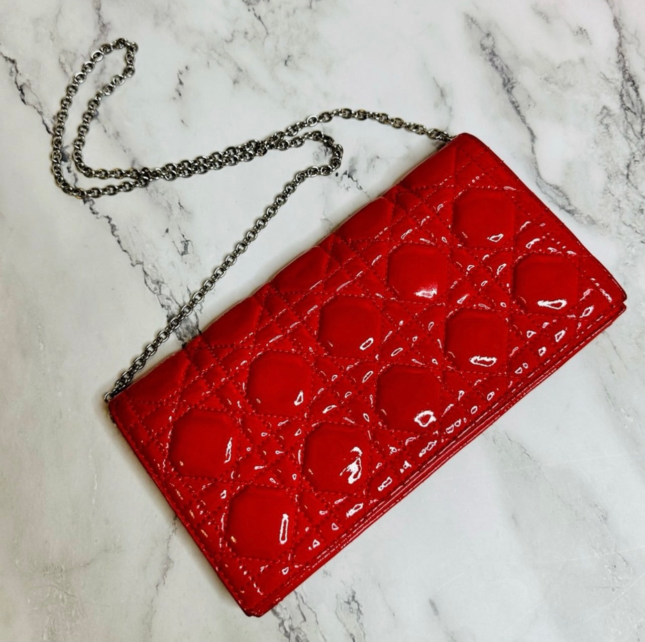 DIOR Coral Red Quilted Cannage Patent Calfskin Leather Lady Dior Chain Clutch