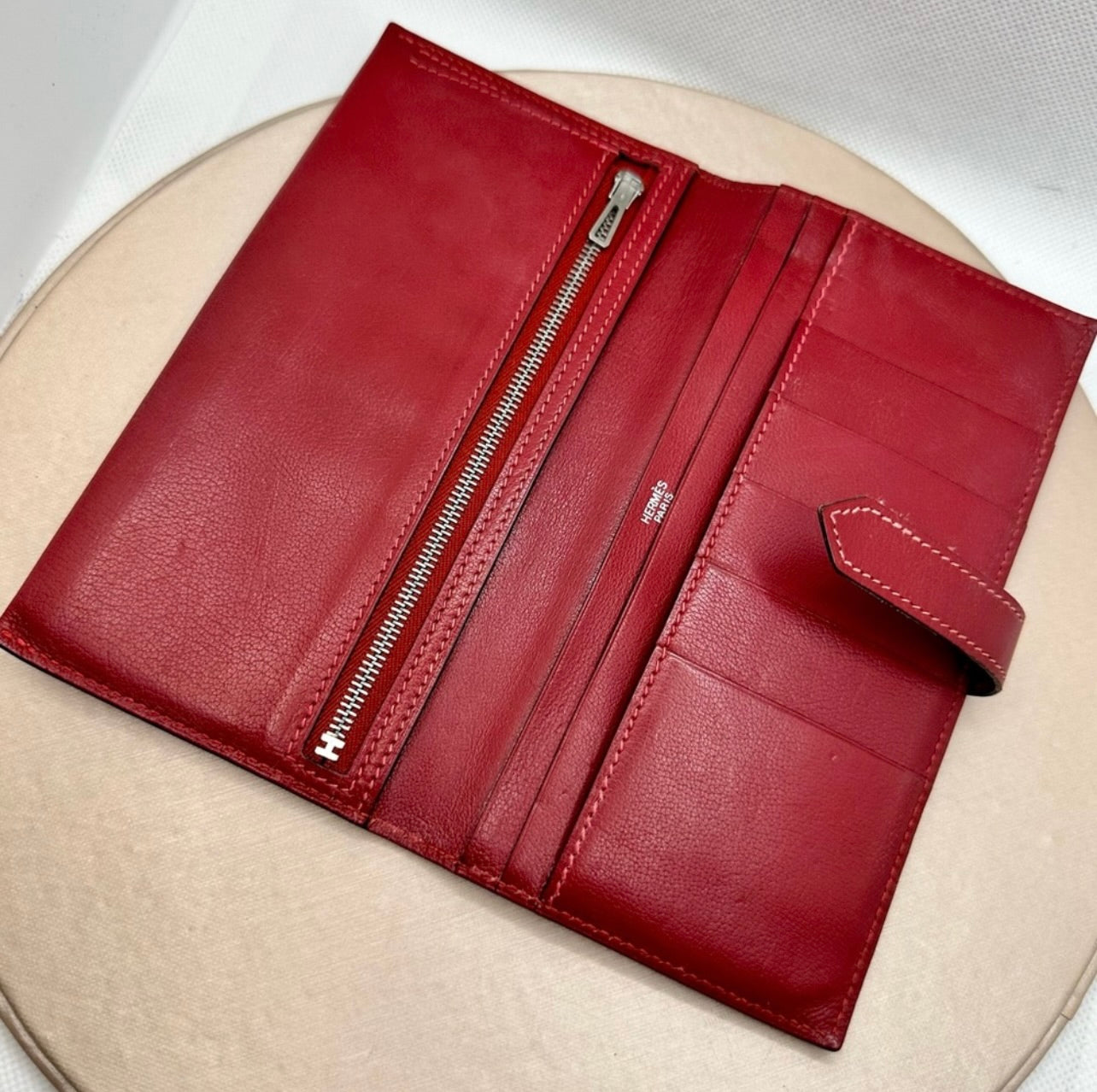 Hermés Dark Red Rouge Leather Bearn Verso Gusset Wallet