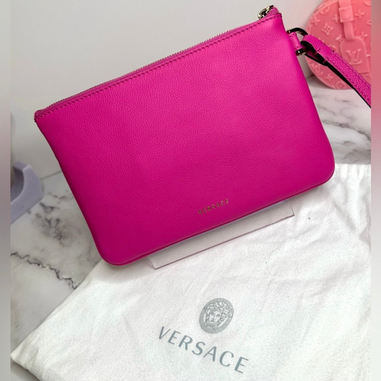 New Versace Double Zip La Medusa Pink Italian Leather Wristlet Pouch