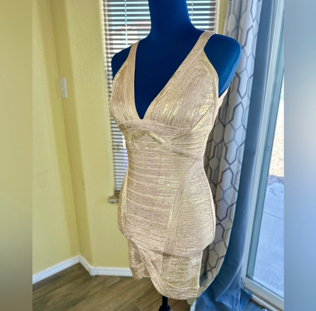 Herve Leger Ari Woodgrain Gold Foil-Print Dress