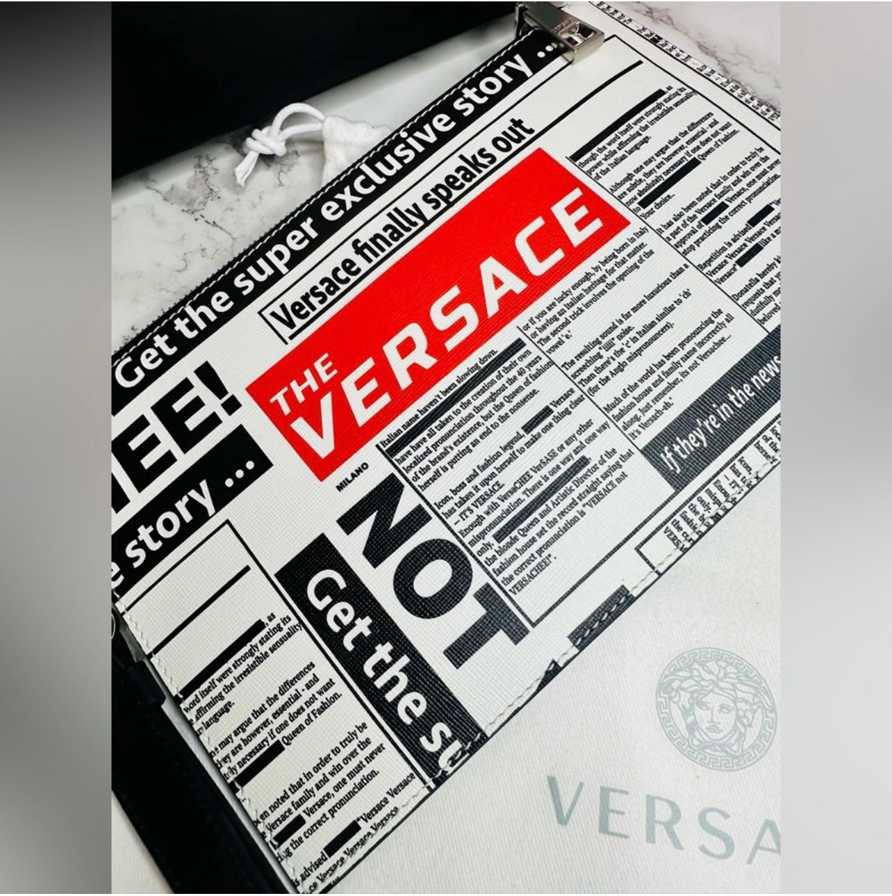 Versace Unisex Tabloid Print Saffiano Leather Wristlet Pouch Bag