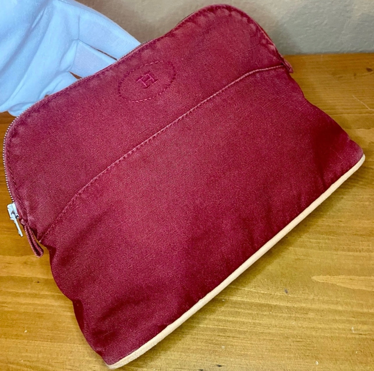 Vintage HERMES Brink Red Canvas & Leather Bolide Cosmetic Pouch Purse MM