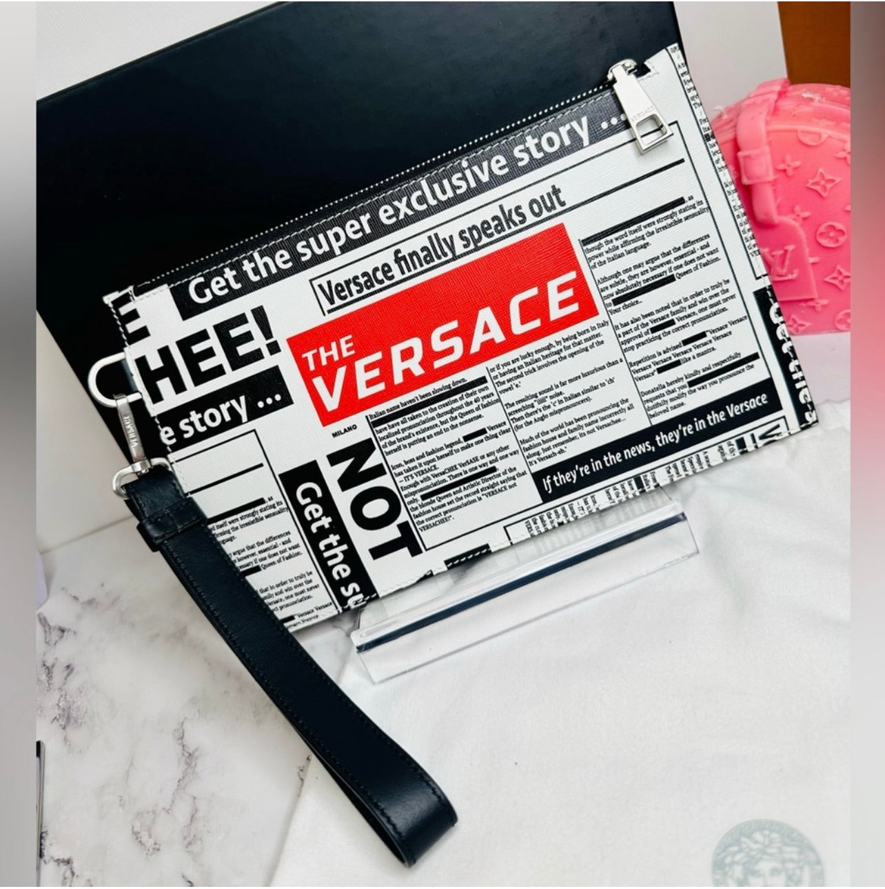 Versace Unisex Tabloid Print Saffiano Leather Wristlet Pouch Bag