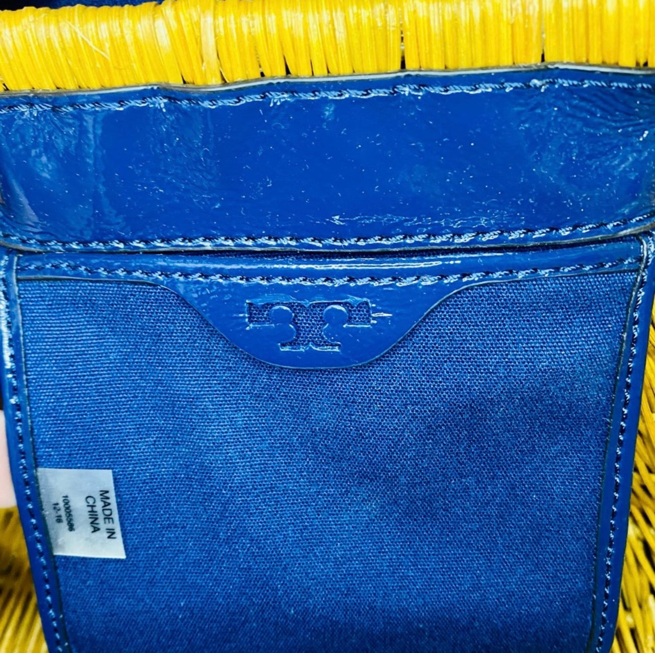 Tory Burch Navy Blue Patent Leather & Lacquered Rattan Basket Bag