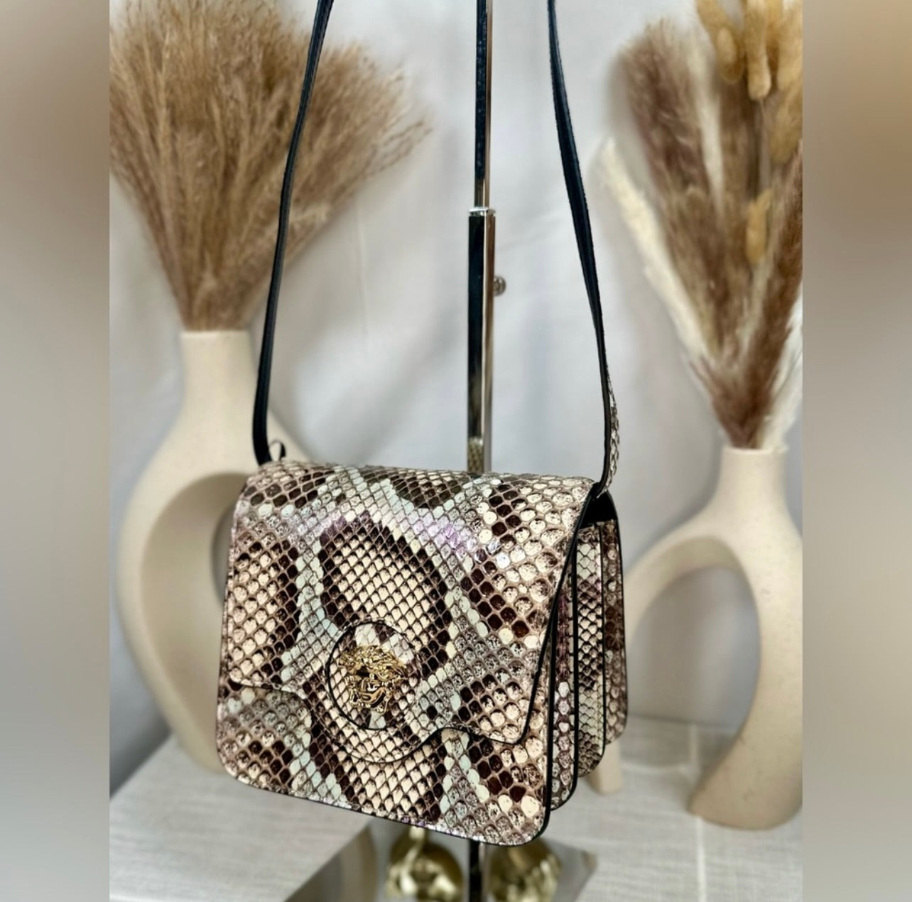 New Versace Genuine Iridescent Python & Leather Medusa Head Crossbody Bag