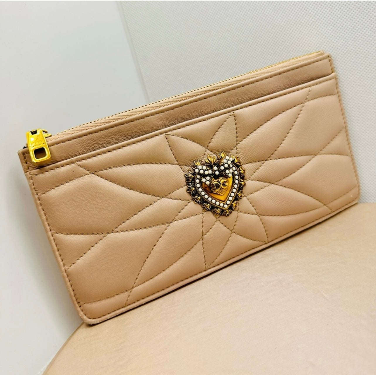Dolce & Gabbana Quilted Powder Pink Calfskin Long Card Holder Wallet