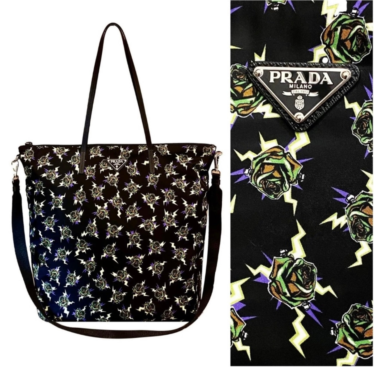 New Limited Edition Prada x Frankenstein Rose Print Nylon Convertible Shopper Tote Bag