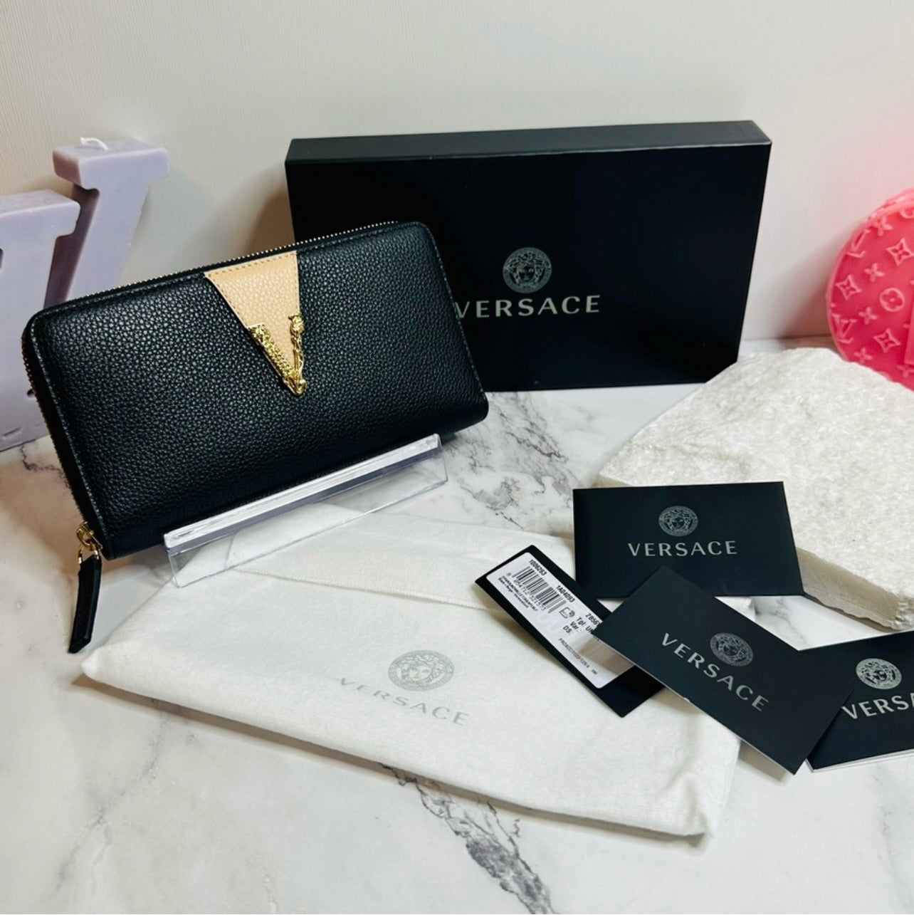 New Versace Two-Toned Black & Beige Grainy Calf Leather Virtus Continental Zip Around Wallet