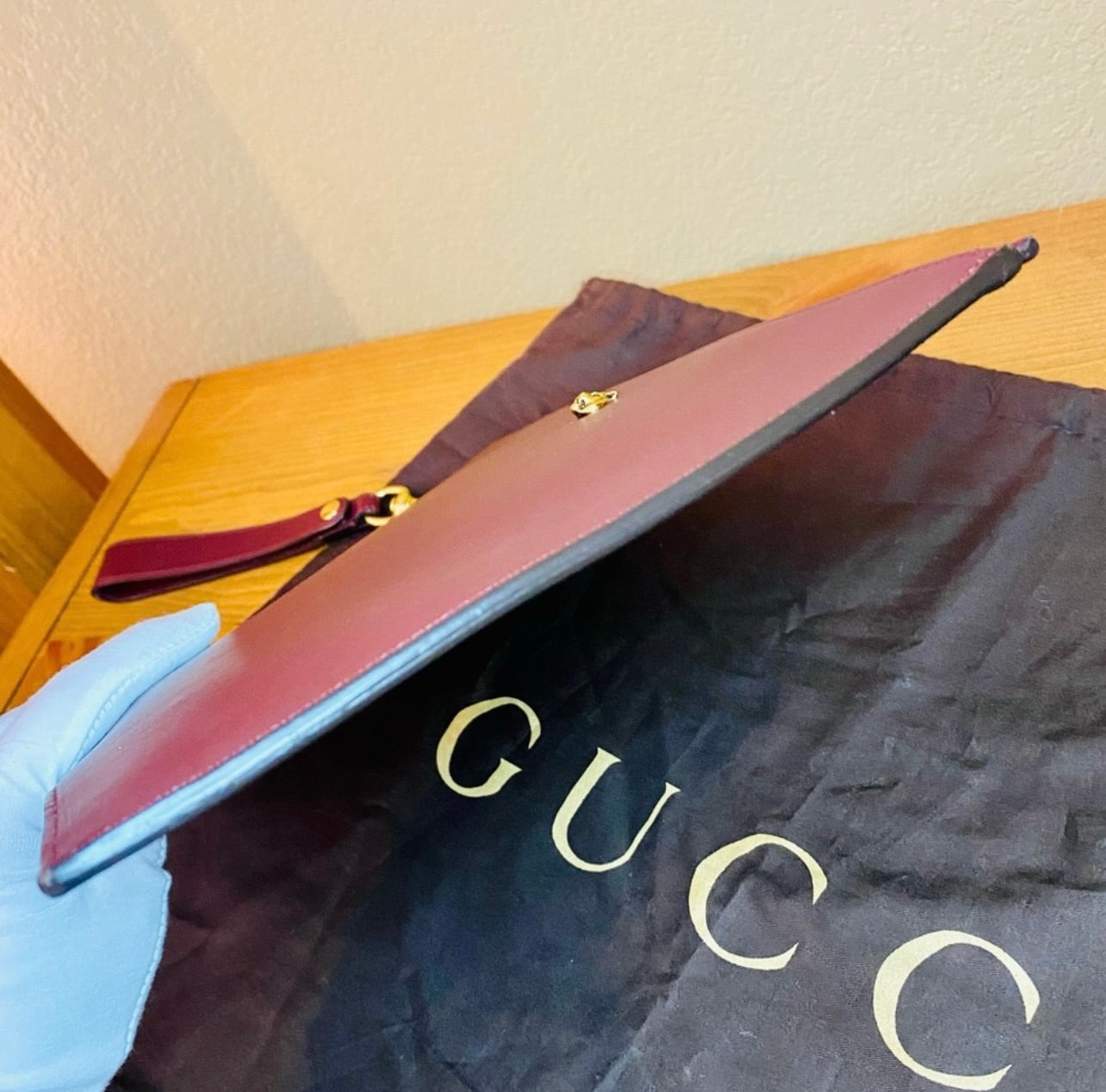 Rare GUCCI Tiger Animalier Bordeaux Leather Oversized Wristlet Clutch