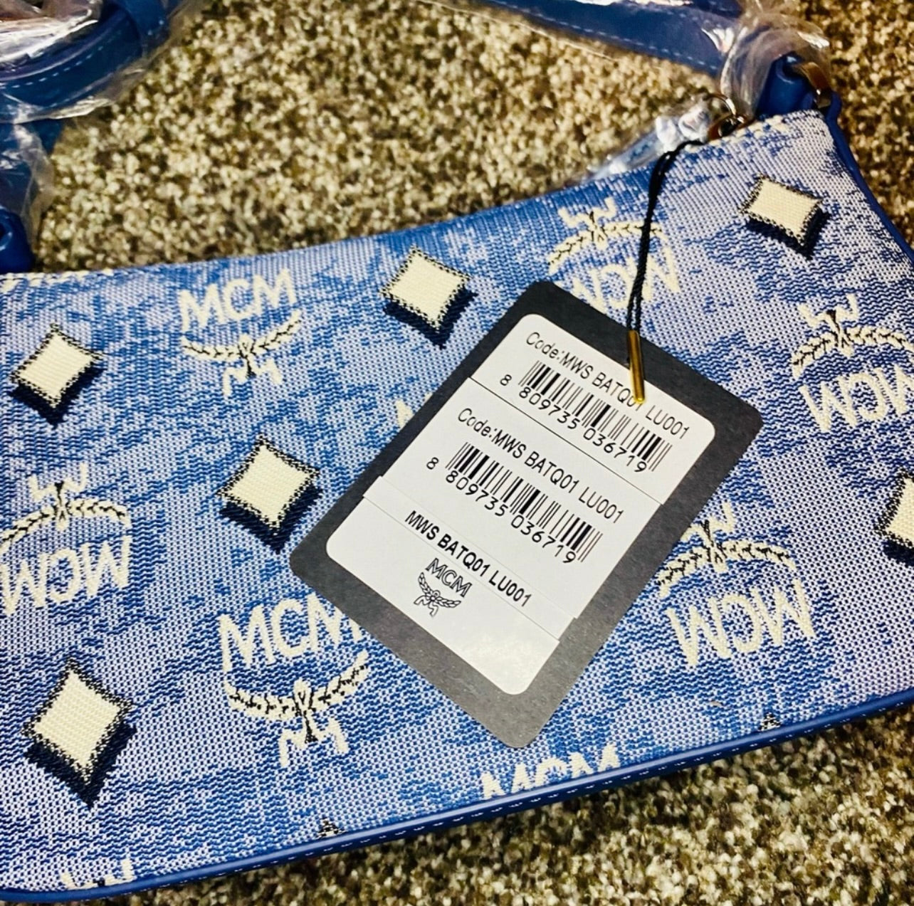 New MCM Blue Vintage Monogram Jacquard Aren Mini Shoulder Bag