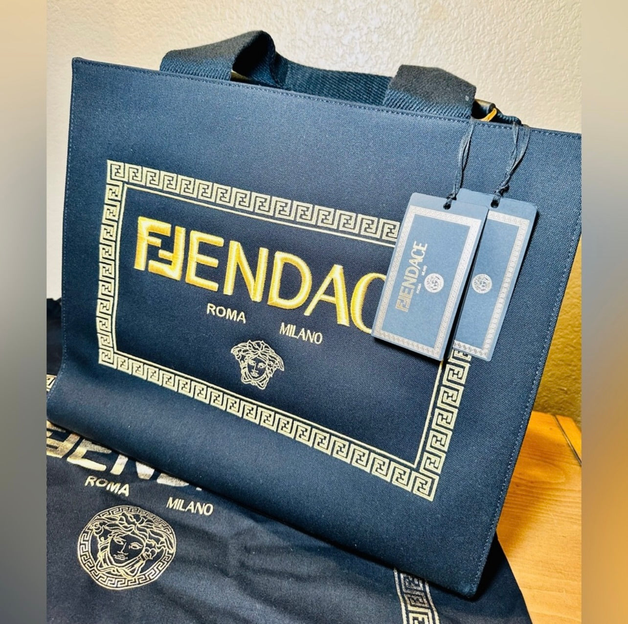 New Fendi x Versace Ltd. Ed. Black Canvas Fendace Logo Large Shopping Tote Bag