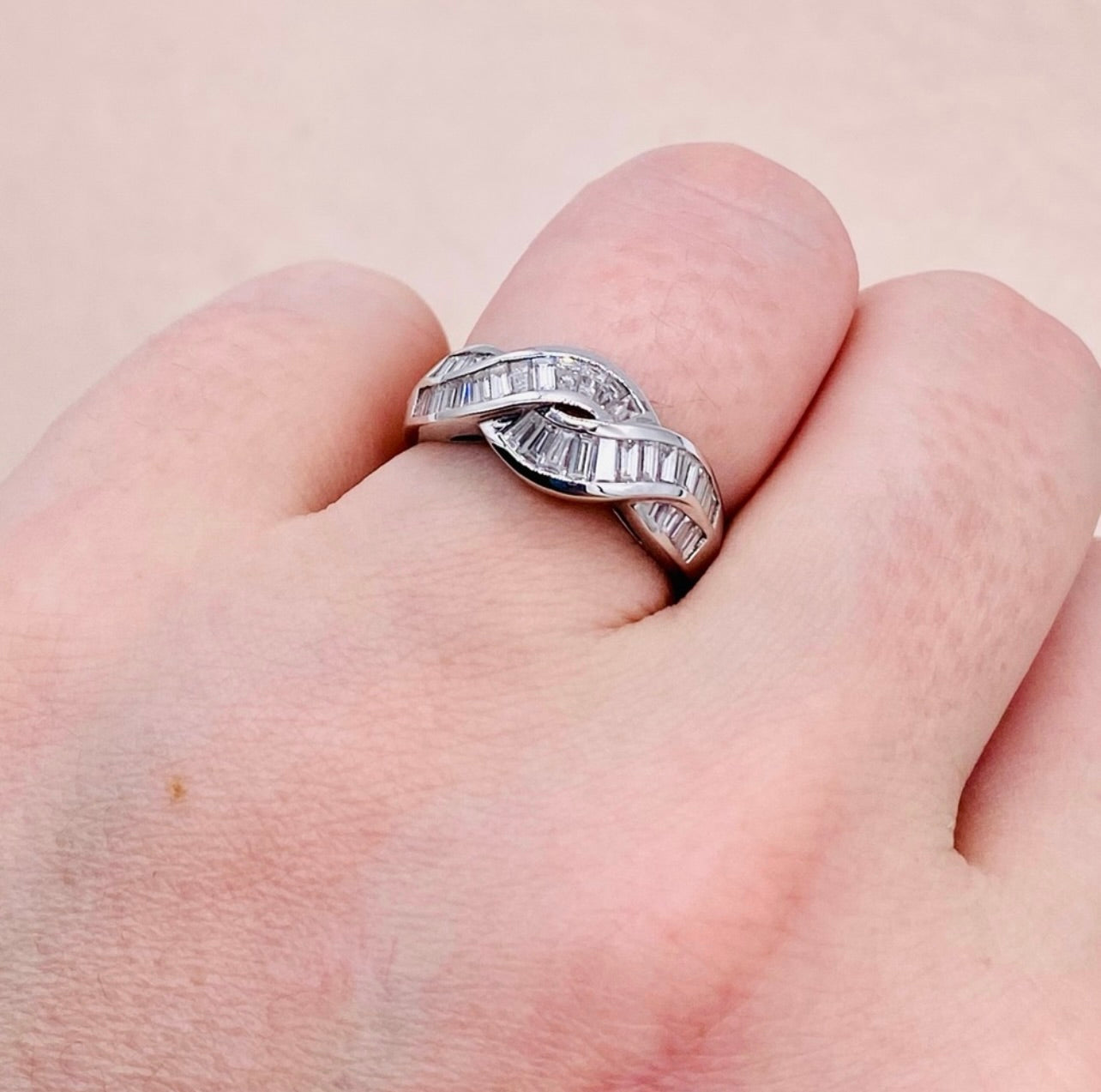 18k White Gold Woven Baguette Diamond Cluster Band Ring
