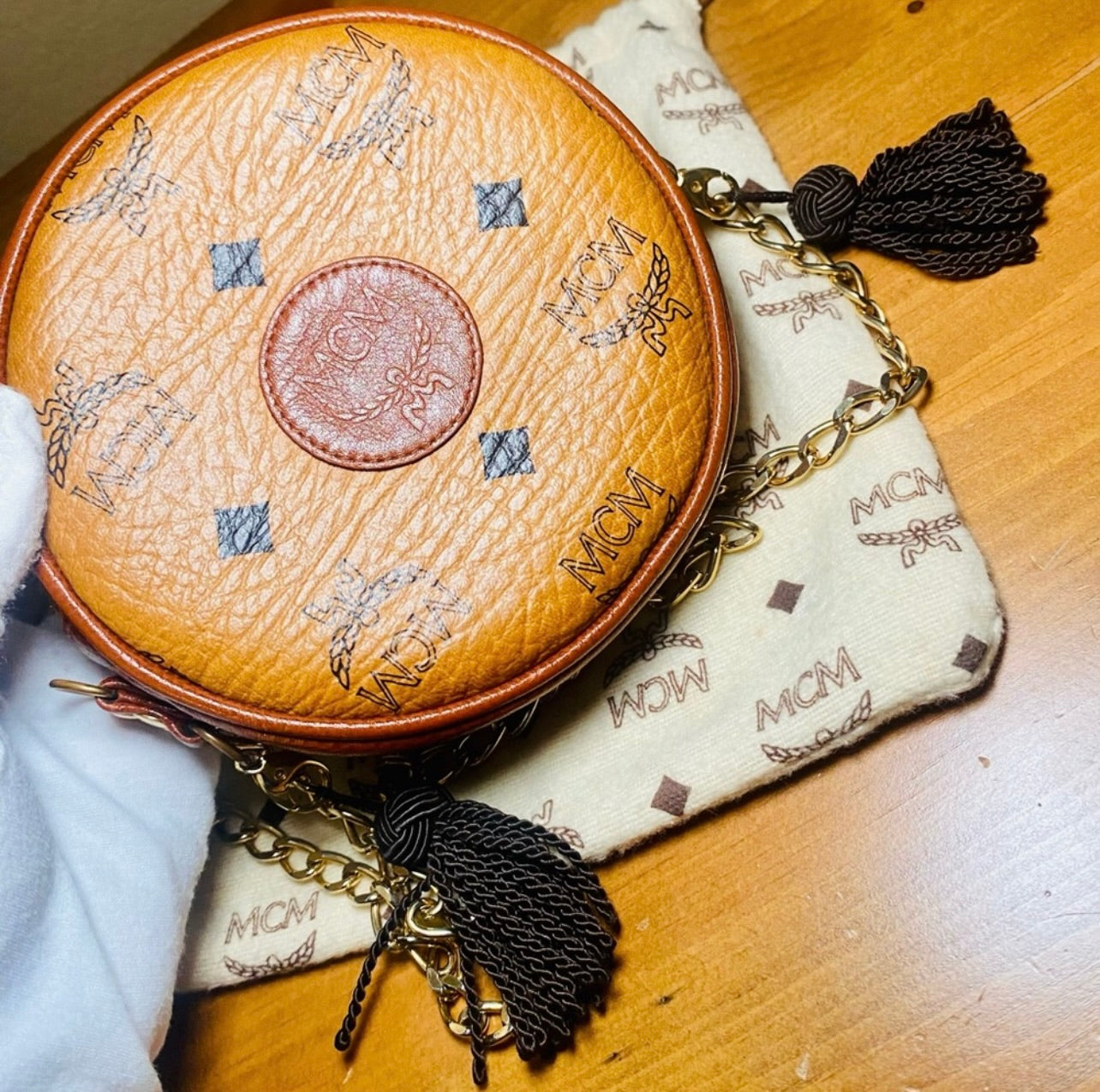 RARE Vintage MCM Monogram Mini Suzy Wong Bag w/ Brown Tassels