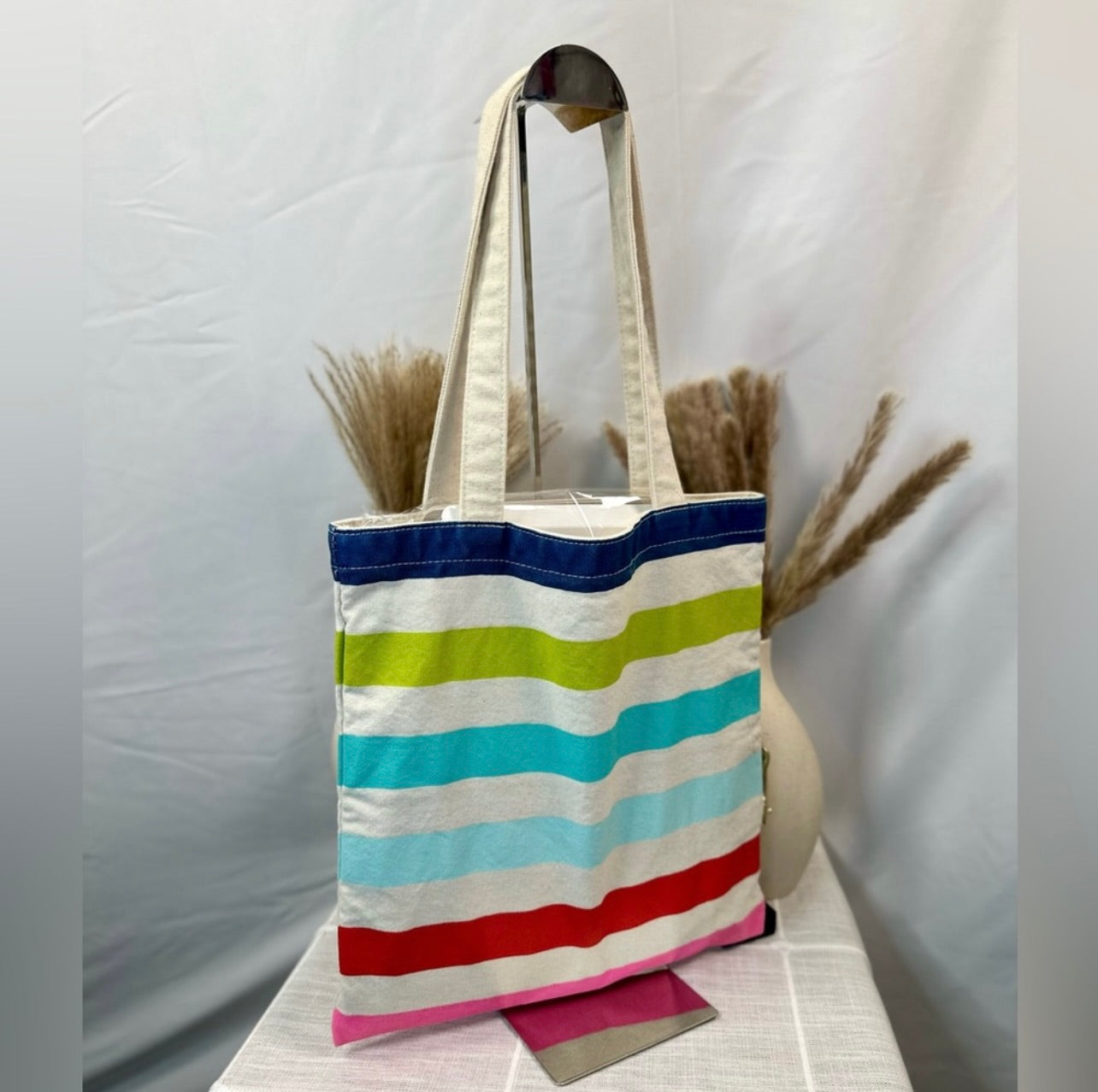 Kate Spade Heavy-duty Multi-Colored Stripes Cream Canvas Book Tote Bag