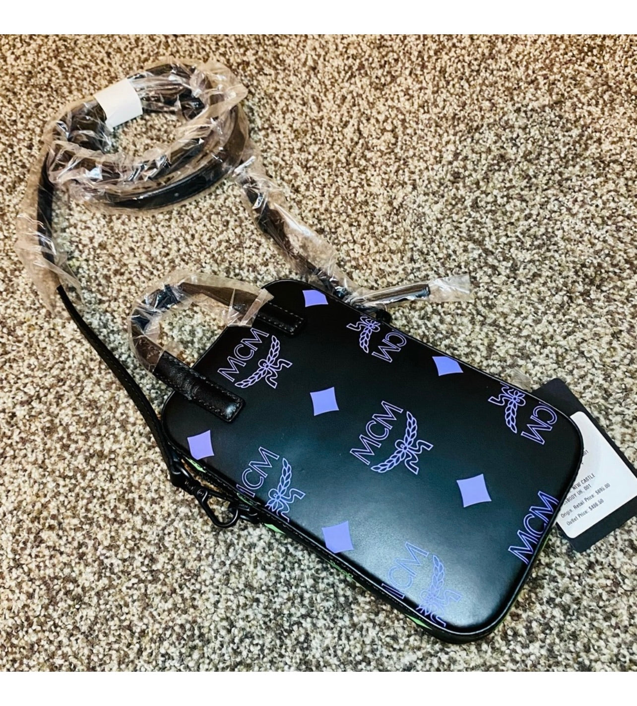 New Unisex MCM Black Leather Color Splash Logo Mini Crossbody Bag