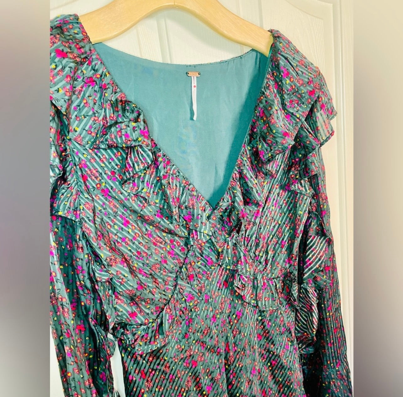 FREE PEOPLE Green Floral Print Sweetest Thing Ruffled Mini Dress