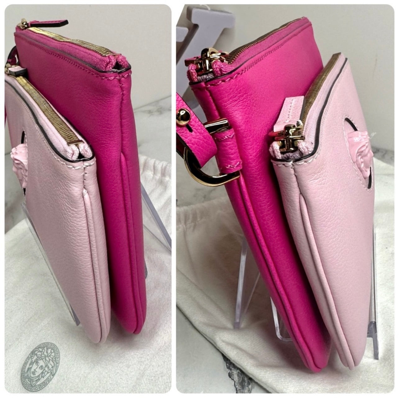 New Versace Double Zip La Medusa Pink Italian Leather Wristlet Pouch