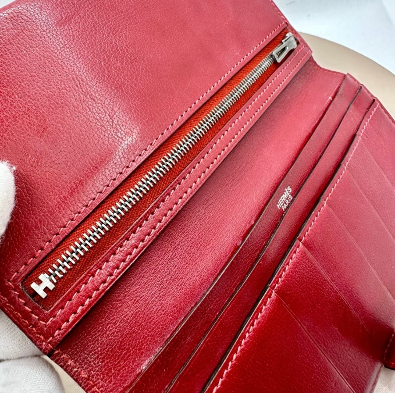 Hermés Dark Red Rouge Leather Bearn Verso Gusset Wallet