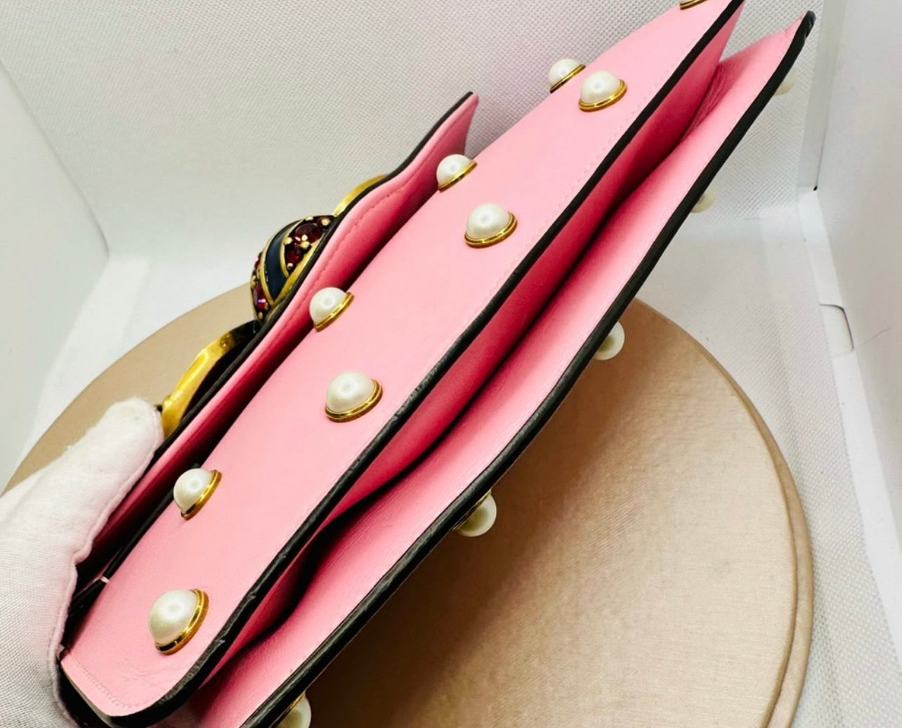 Gucci Sugar Pink Leather Mini Pearl Studded Queen Margaret Broadway Shoulder Bag