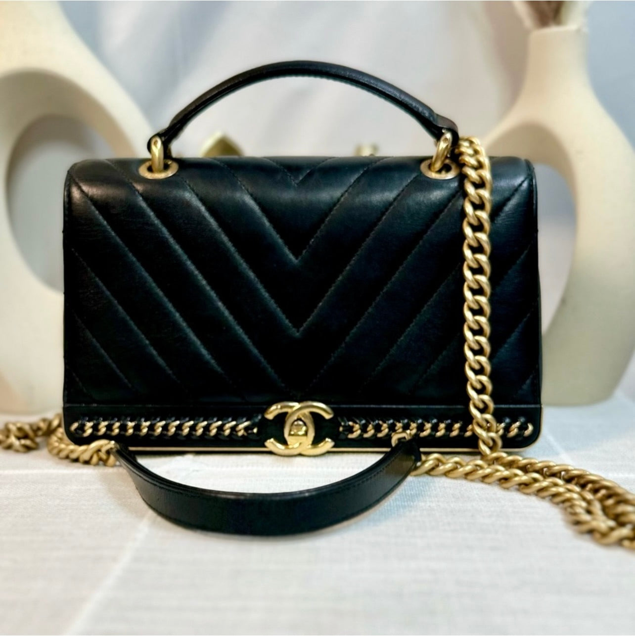 CHANEL 2Way Black Chevron Stitched Leather Top Handle Shoulder Bag