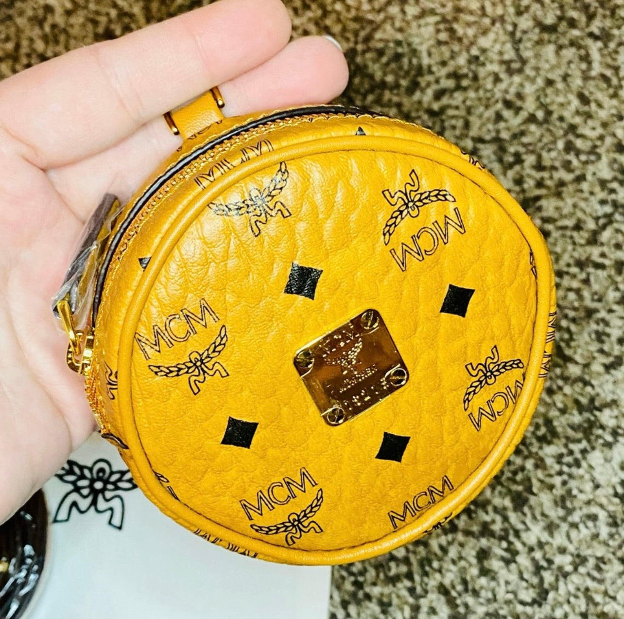 New MCM Cognac Round Tambour AirPod Case/Coin Purse/Key Bag Charm