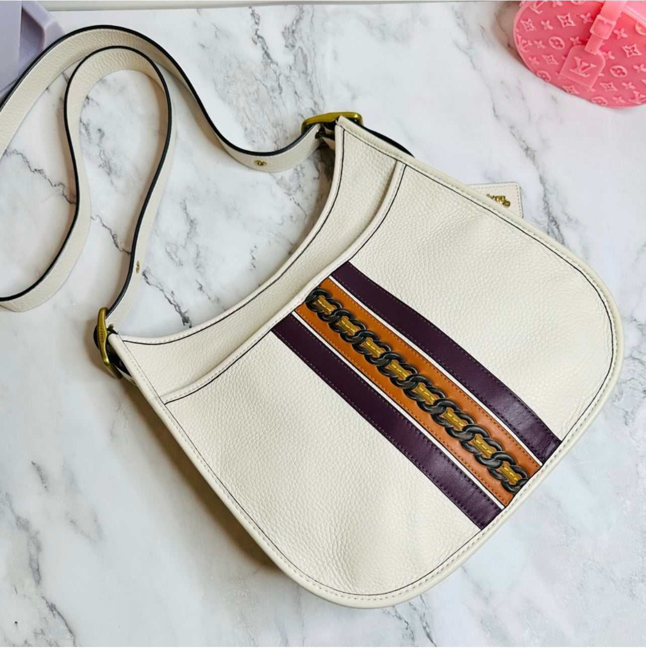 Coach Chalk Glovetanned Pebble Leather Emery Varsity Strip Crossbody Bag