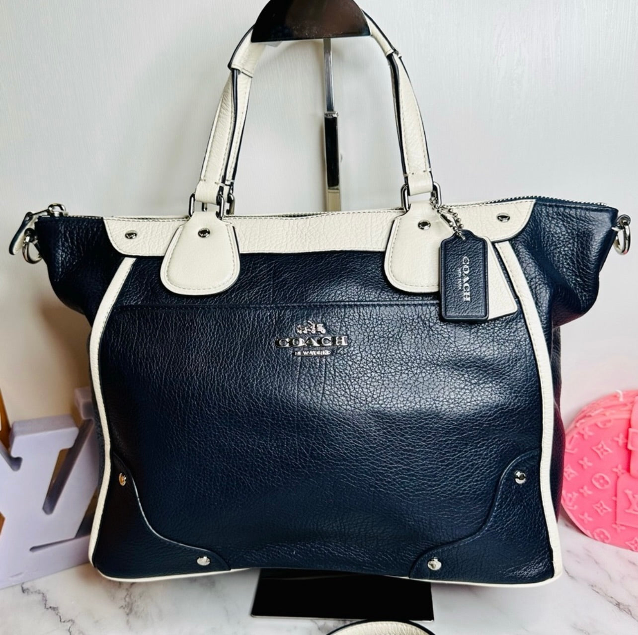 Coach Midnight Navy Blue & Chalk Spectator Leather Mickie Satchel