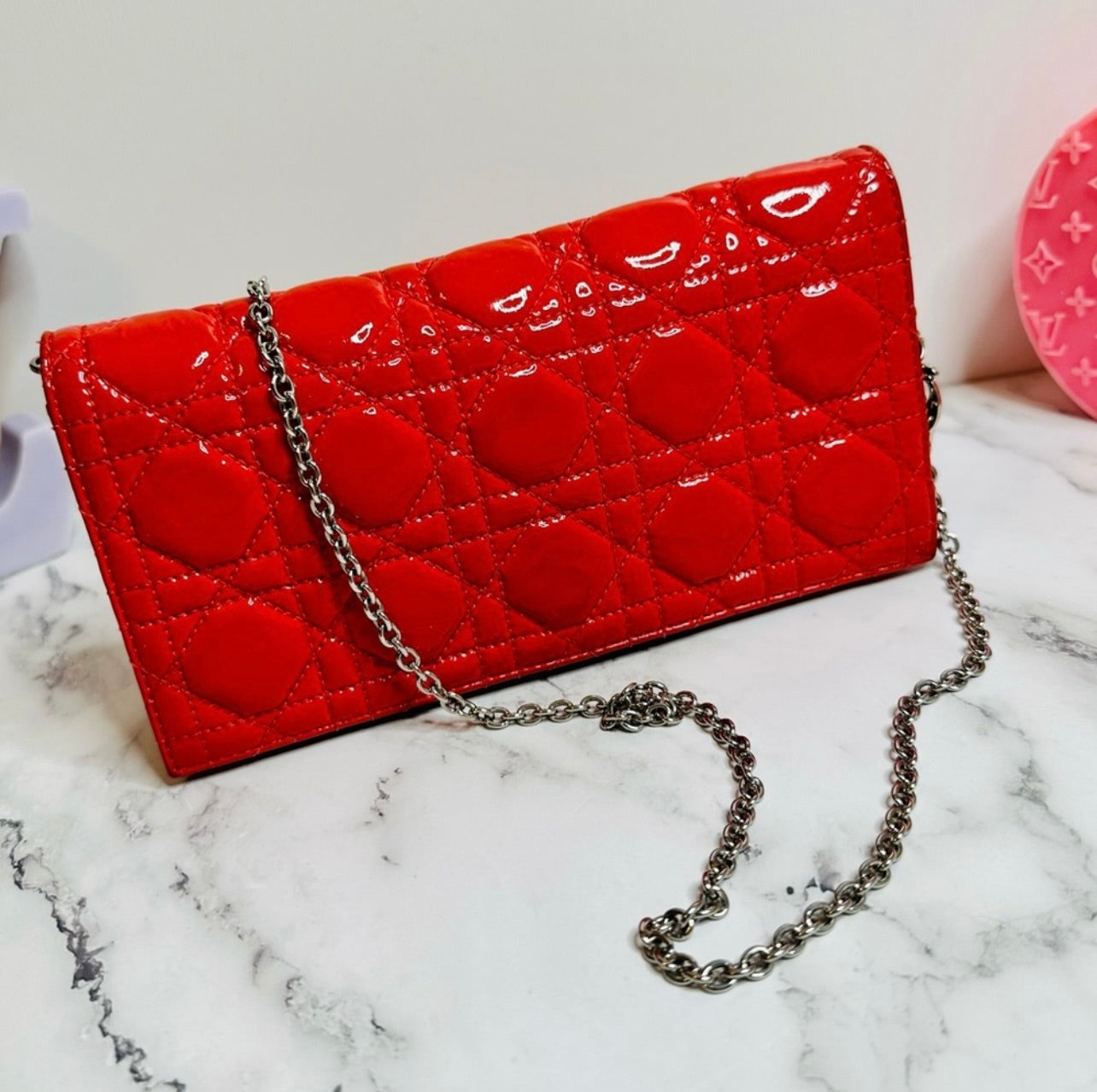 DIOR Coral Red Quilted Cannage Patent Calfskin Leather Lady Dior Chain Clutch