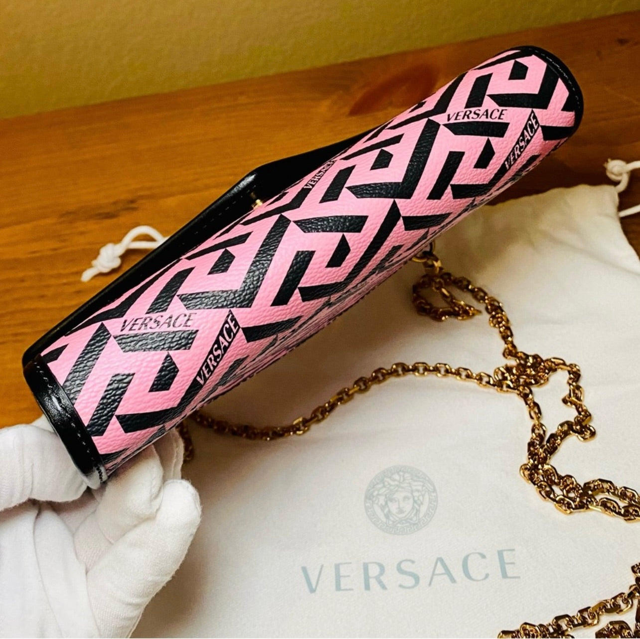 New Versace Pink La Greca Signature Coated Canvas Chain Crossbody Bag