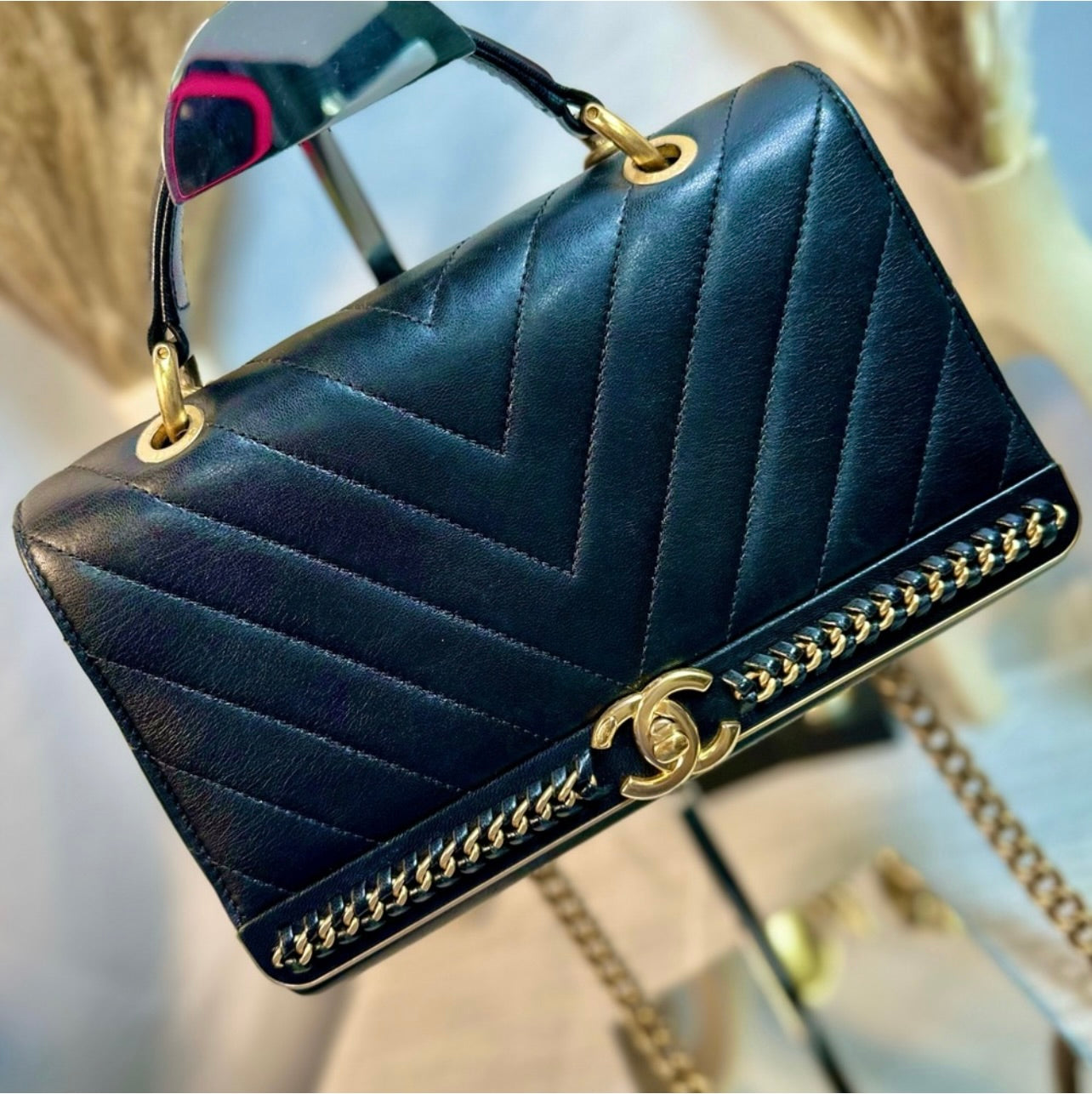 CHANEL 2Way Black Chevron Stitched Leather Top Handle Shoulder Bag