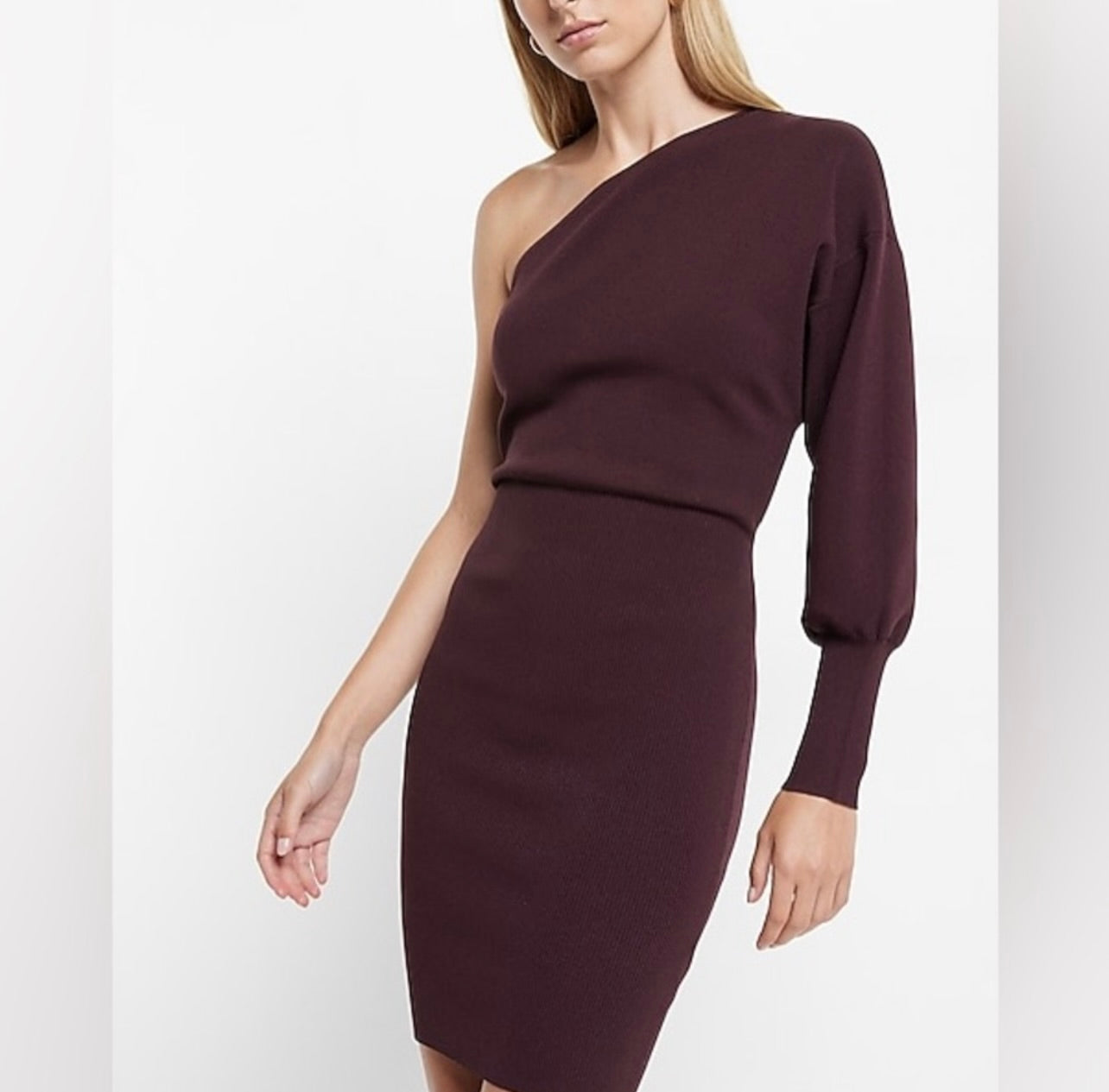 New Express Dark Purple One Shoulder Long Sleeve Mini Sheath Sweater Dress