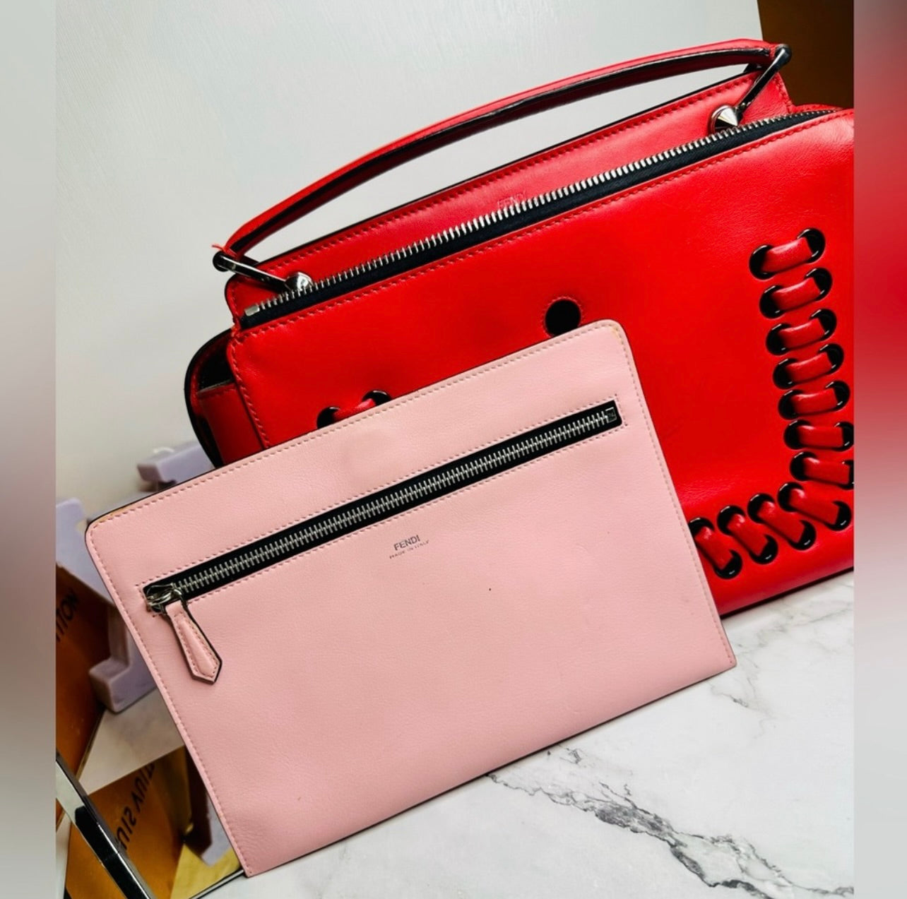 Fendi Medium Red Leather Whipstitch DotCom Convertible Satchel Bag