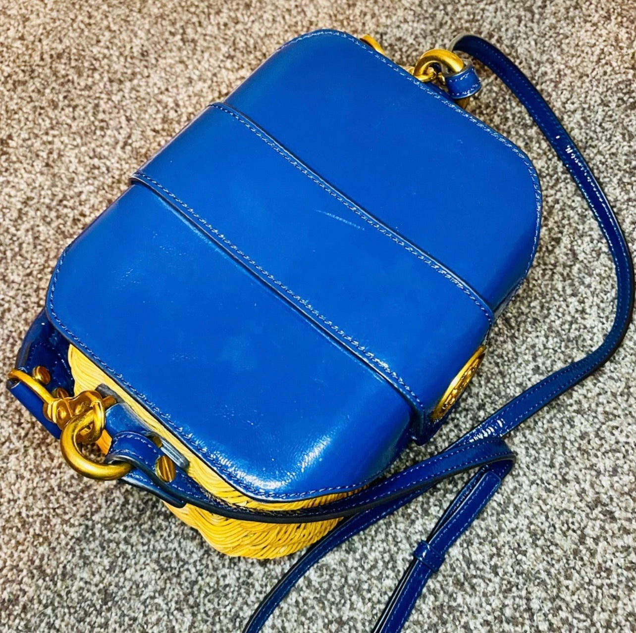 Tory Burch Navy Blue Patent Leather & Lacquered Rattan Basket Bag