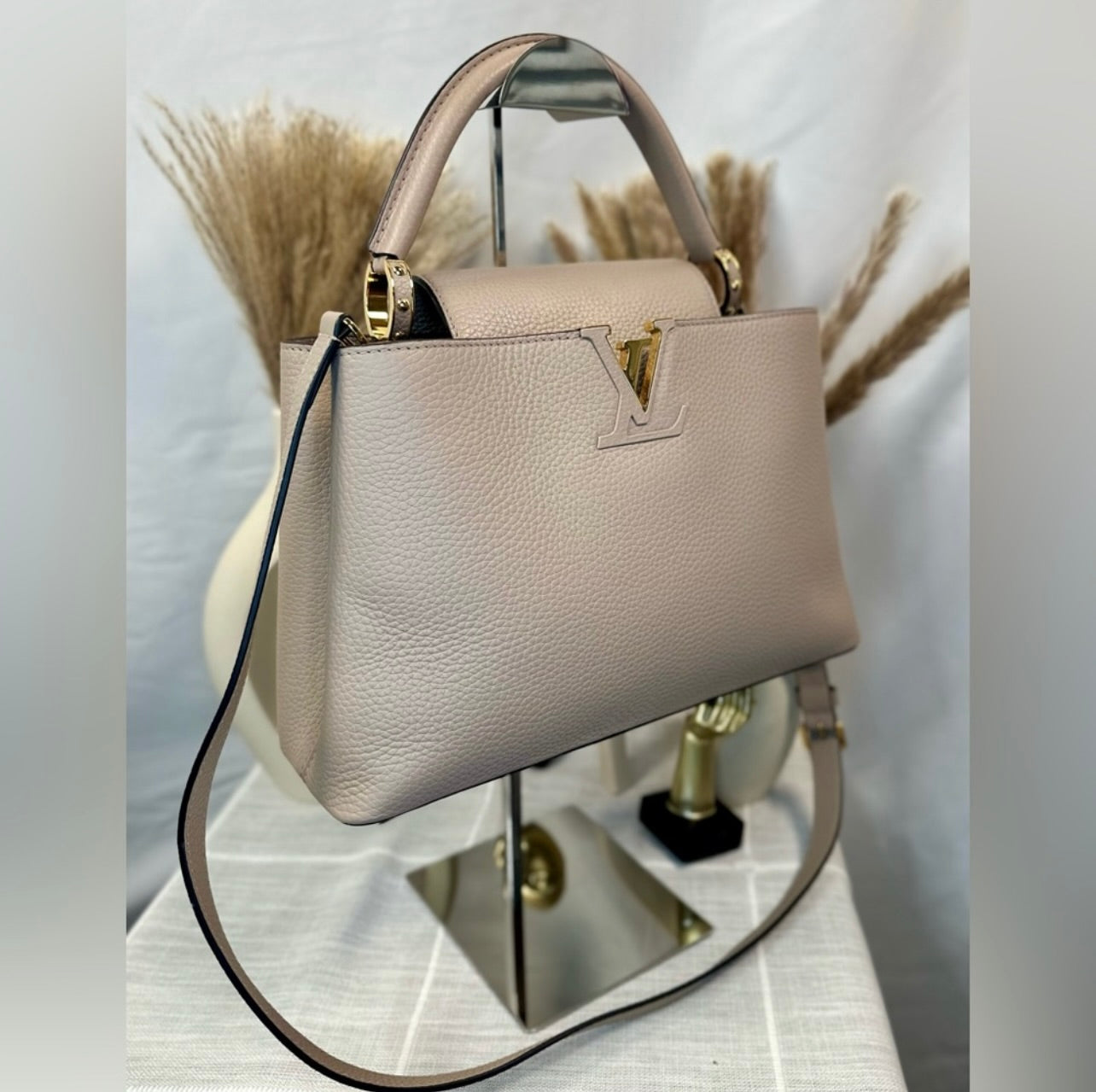 Louis Vuitton Galet Gray Taurillon Leather Capucines MM Bag