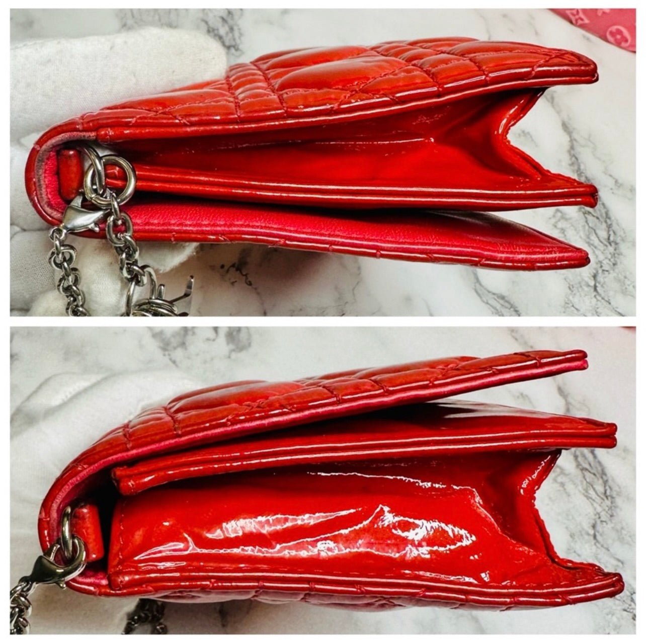 DIOR Coral Red Quilted Cannage Patent Calfskin Leather Lady Dior Chain Clutch