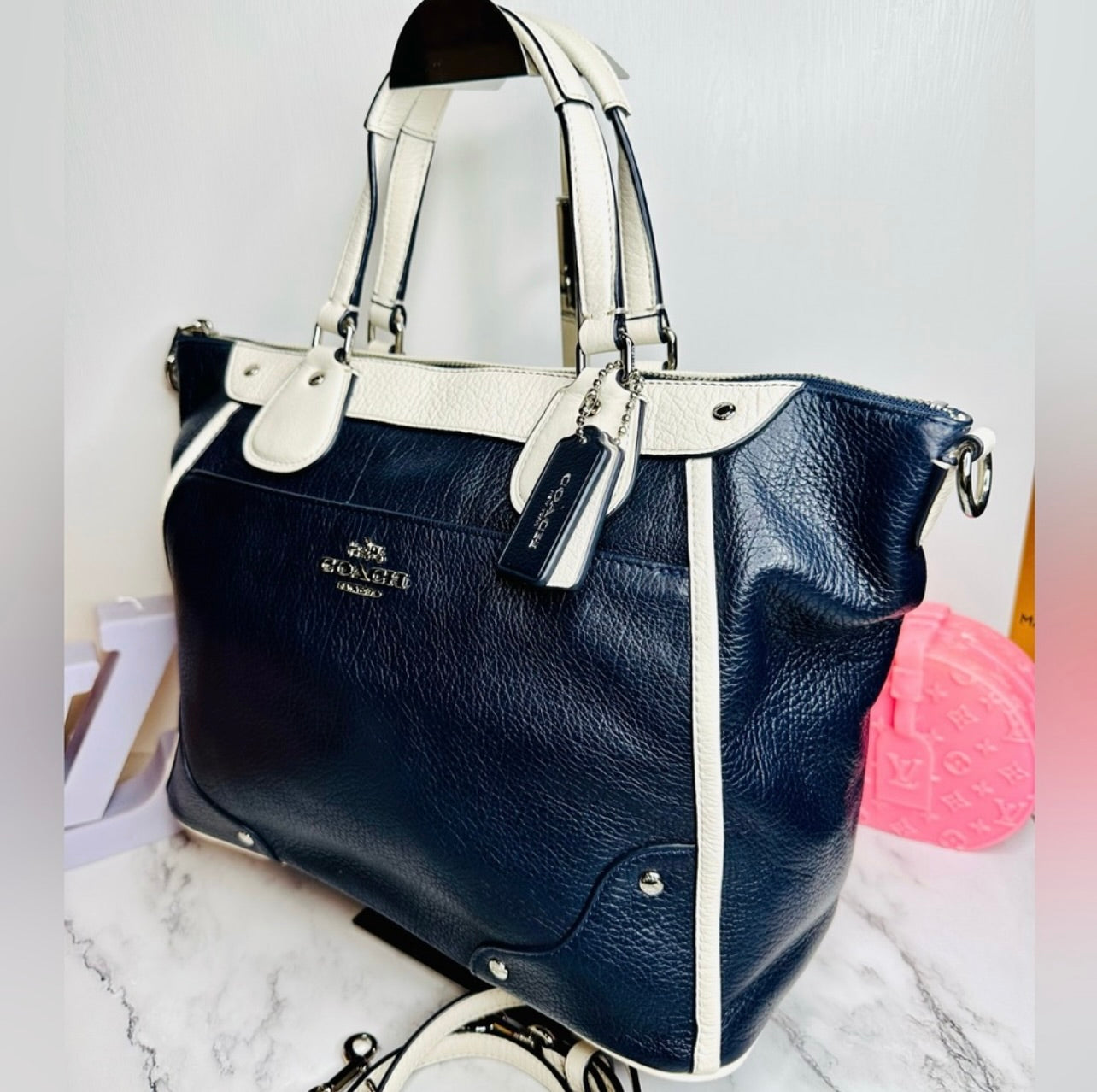Coach Midnight Navy Blue & Chalk Spectator Leather Mickie Satchel